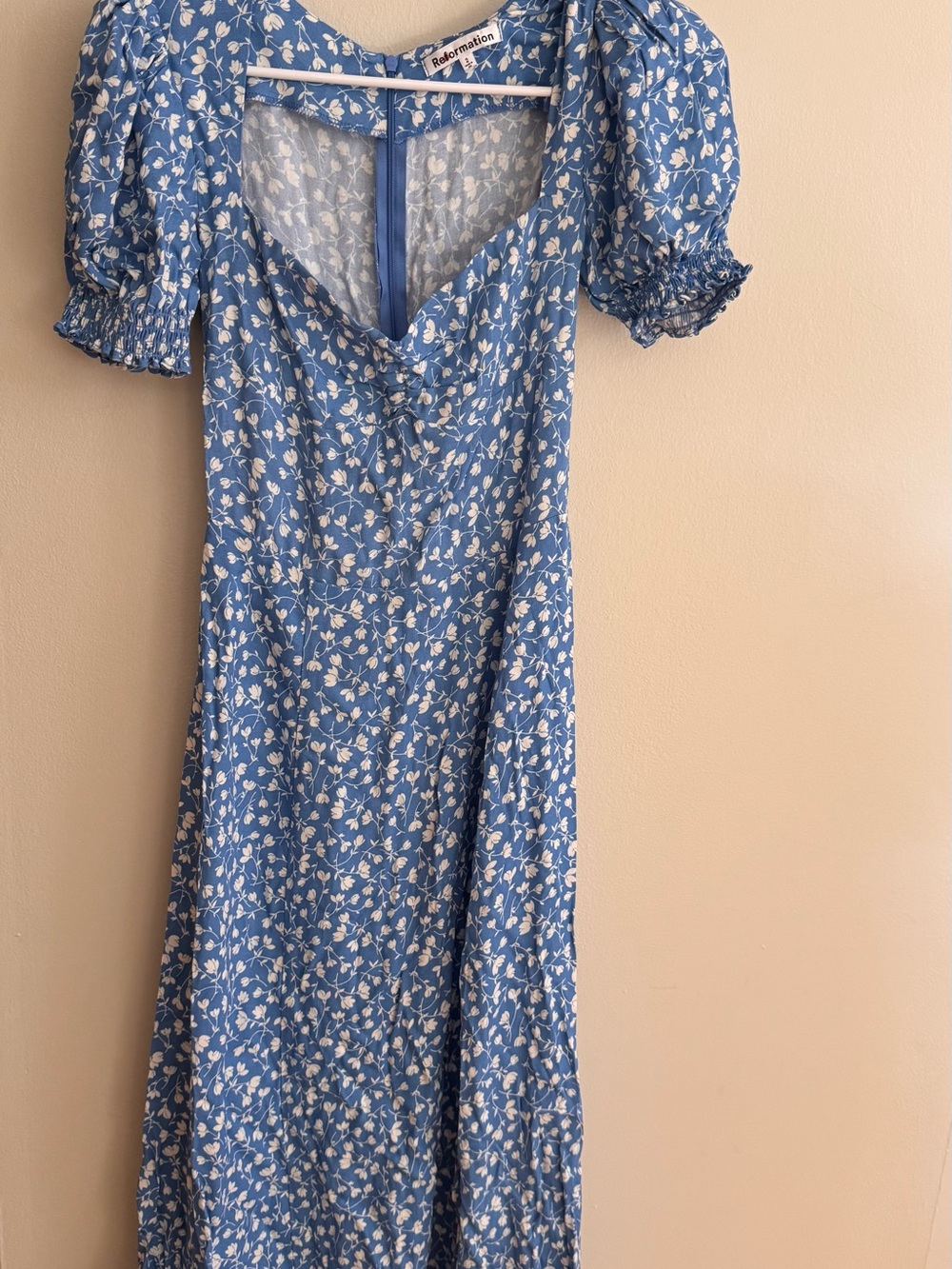 Reformation Blue and White Puff Sleeve Midi Dress